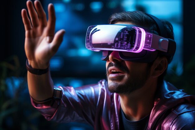 Man met vr-bril die metaverse ervaart