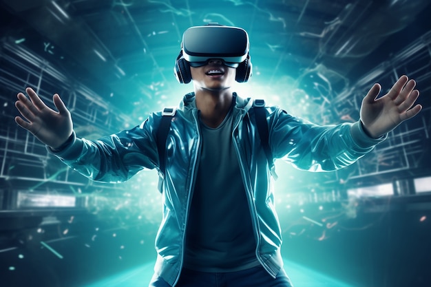 Man met vr-bril die metaverse ervaart