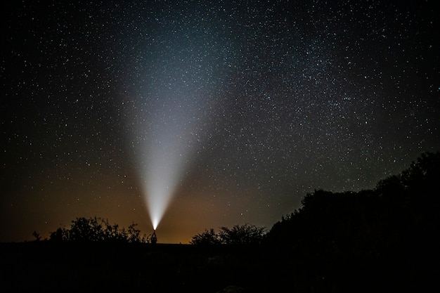 Man met zaklamp geniet van de schoonheid van de natuur