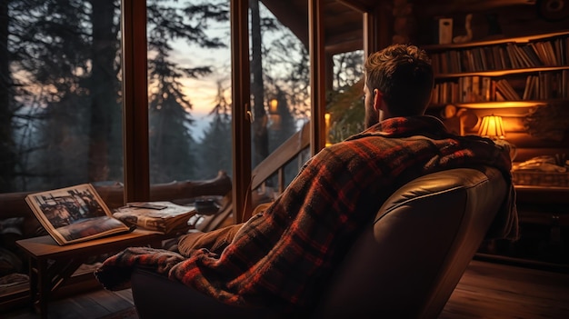 Gratis foto man ontspannen en het lezen van een boek bij het raam in een blokhut