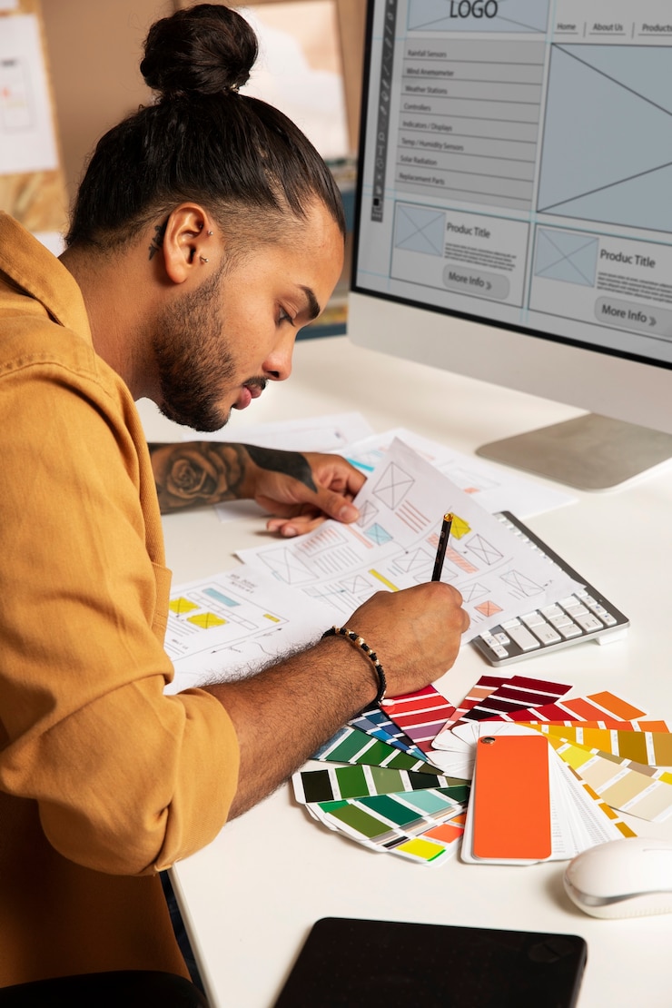 Gratis Foto man ontwerpt websites zijaanzicht