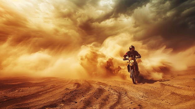Man racen met een dirtbike in een fantasieomgeving
