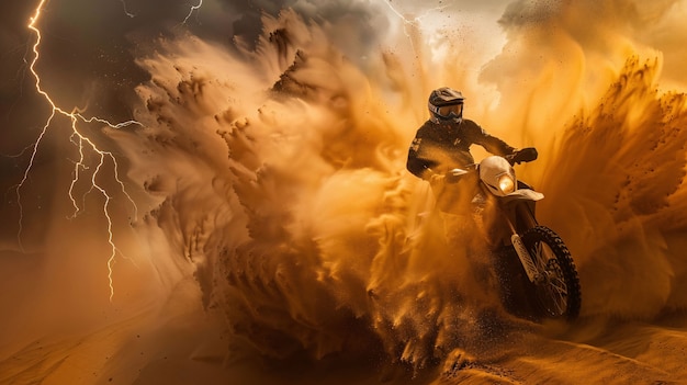 Gratis foto man racen met een dirtbike in een fantasieomgeving