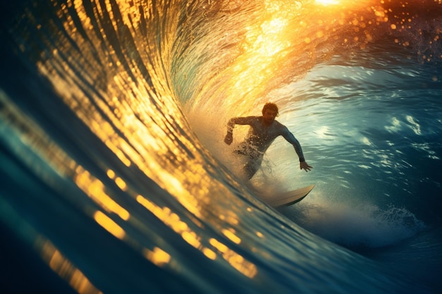 Man surfer vangt een grote golf bij zonsondergang