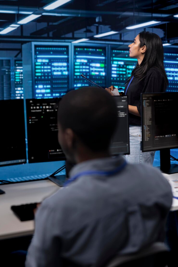 Gratis Foto manager in server hub met behulp van de computer om firewall misconfiguraties te vinden