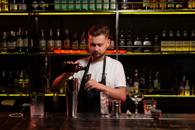 Mannelijke barman die een cocktail maakt met een shaker