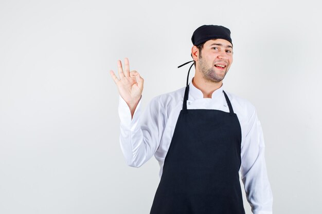 Mannelijke chef-kok die ok gebaar in uniform, schort toont en vrolijk, vooraanzicht kijkt.