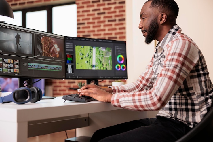 Gratis Foto mannelijke digitale maker die videomontage bewerkt op postproductiesoftware, die op de computer werkt. filminhoud maken met kleurcorrectie, creatieve multimediafilmopnamen bewerken in de app.