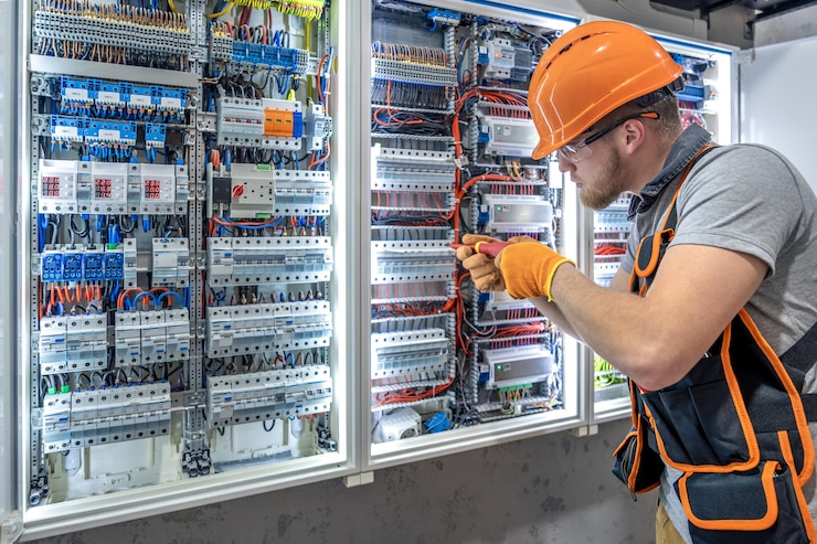 Gratis Foto mannelijke elektricien die in een elektrisch paneel werkt mannelijke elektricus in overalls