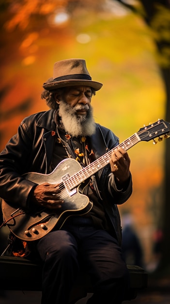 Mannelijke gitarist speelt in de straten van New York City