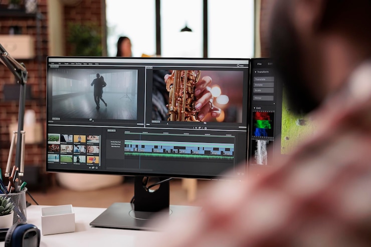 Gratis Foto mannelijke videograaf die videomontage bewerkt op postproductiesoftware, die op de computer werkt. filminhoud maken met kleurcorrectie, creatieve multimediafilmopnamen bewerken in de app.