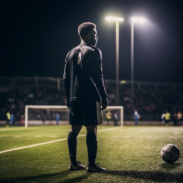 Mannelijke voetballer met bal op het grasveld