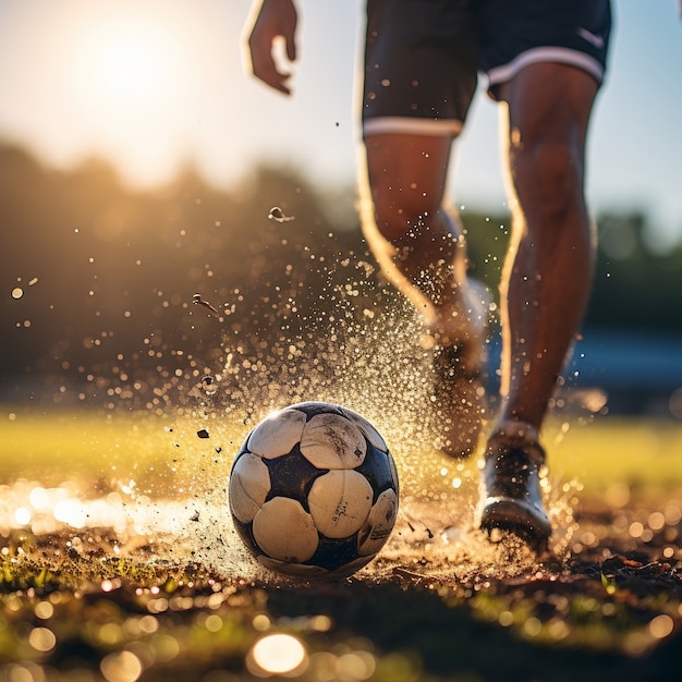 Mannelijke voetballer met bal op het grasveld