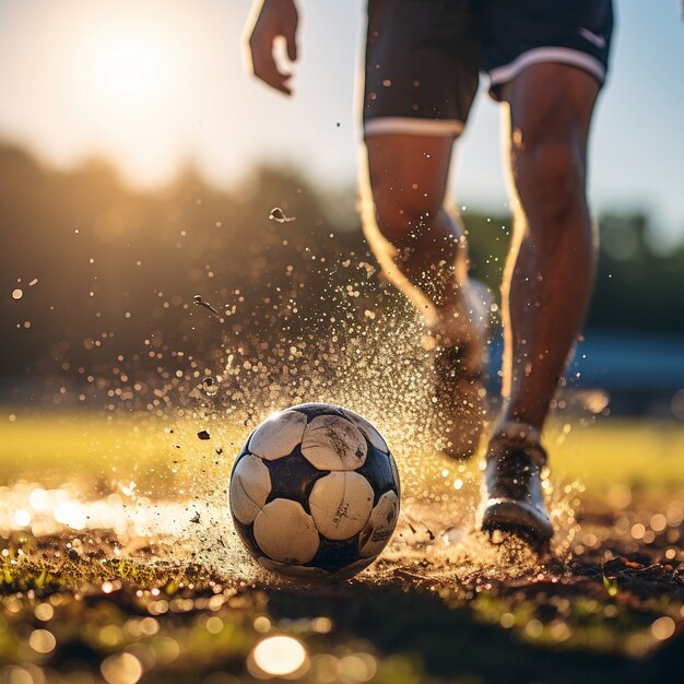 Mannelijke voetballer met bal op het grasveld