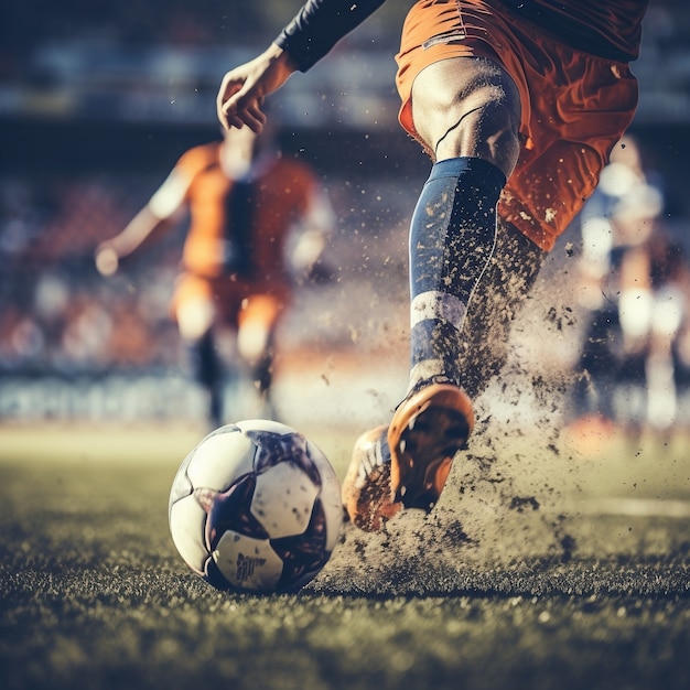 Gratis foto mannelijke voetballer met bal op het grasveld