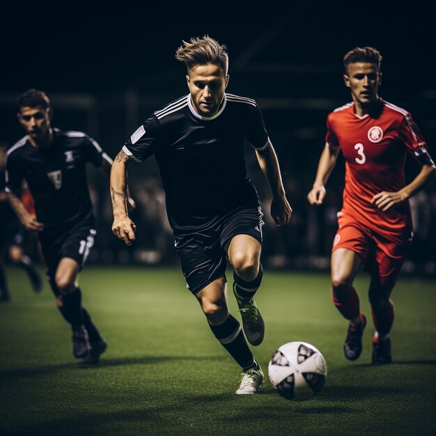 Mannelijke voetballer met bal op het grasveld