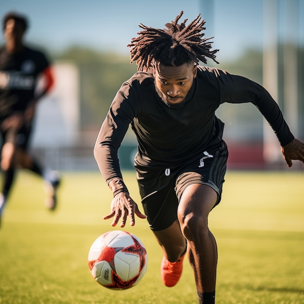 Mannelijke voetballer met bal op het grasveld