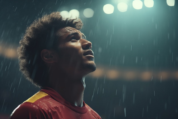 Mannelijke voetballer op het veld tijdens regen