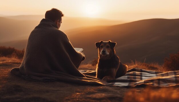 Mannen en honden omarmen natuurschoon bij zonsondergang gegenereerd door AI