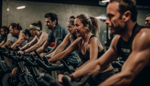 Gratis foto mannen en vrouwen die samen in de sportschool fietsen, gelukkig gegenereerd door ai