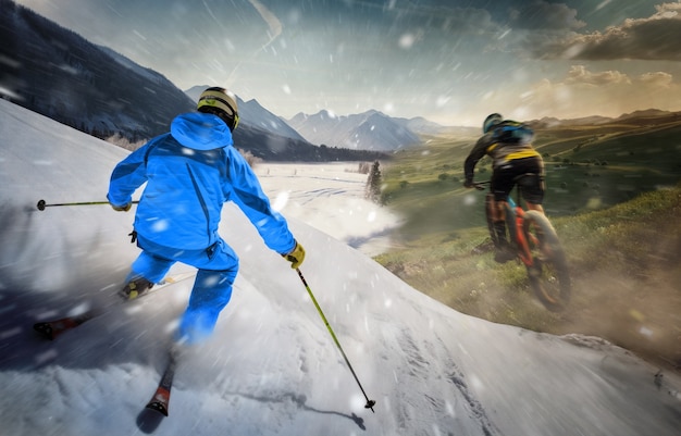Gratis foto mannen met fietsen en ski's zomer versus winter