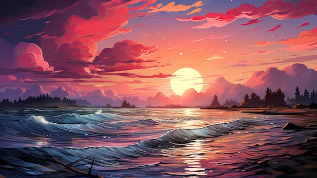 Mariene landschap in cartoon-stijl met zonsondergang