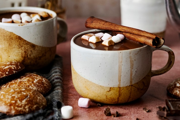 Marshmallows gedoopt in warme chocolademelk met kerstvoedselfotografie