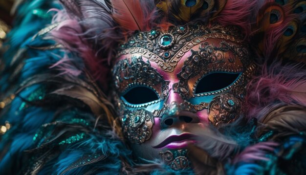 Masker met blauwe veren voegt mysterie toe aan kostuumelegantie gegenereerd door AI