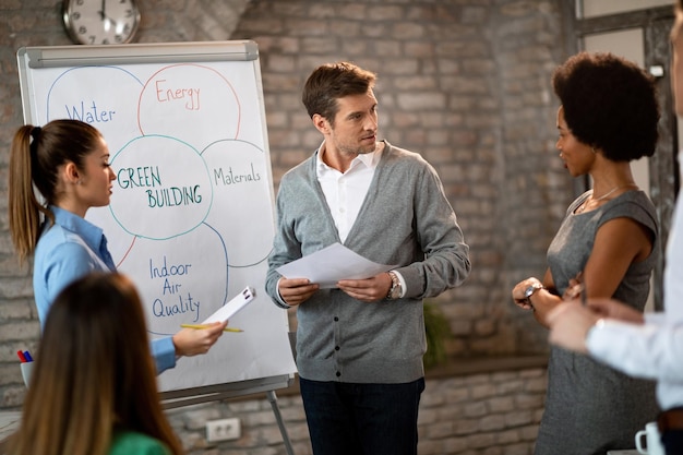 Medio volwassen zakenman en zijn collega's brainstormen voor whiteboard terwijl ze werken aan een nieuwe bedrijfsstrategie op kantoor