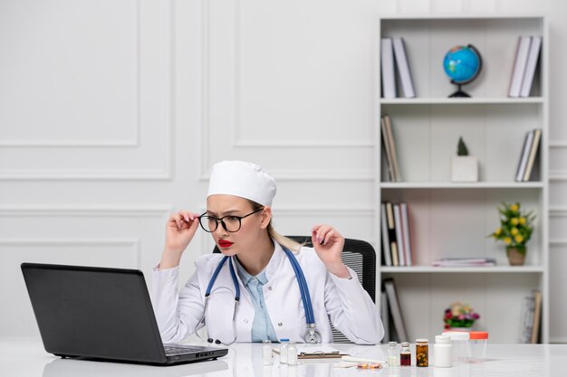 Medische blonde jonge dokter in witte laboratoriumjas en hoed met computer geconcentreerd