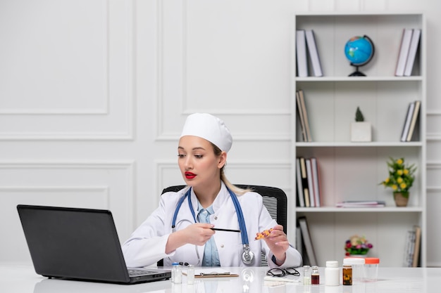 Medische jonge blonde arts in witte ziekenhuisjas en hoed met computer die op camera uitlegt