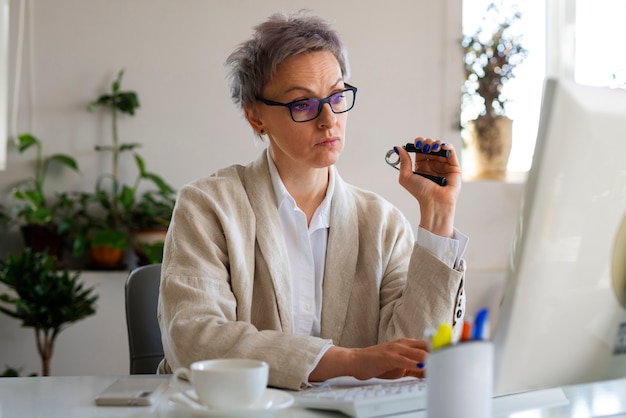 Gratis foto medium geschoten vrouw zittend aan een bureau