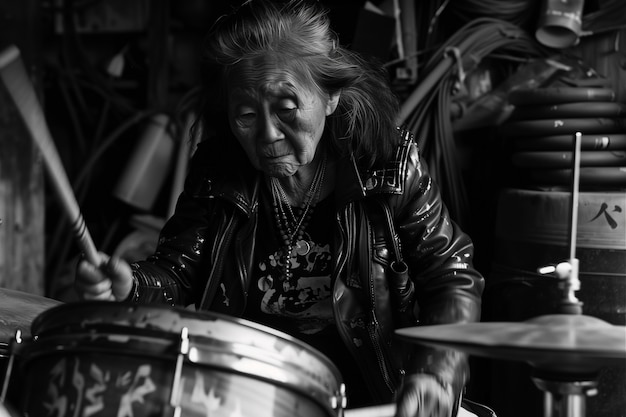 Medium schot opstandige grootmoeder die op de drums speelt