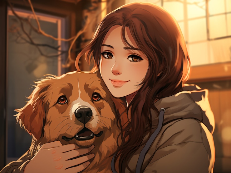 Gratis Foto medium shot anime vrouw die hond knuffelt