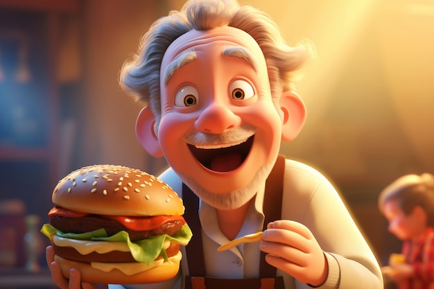 Medium shot cartonish oude man met hamburger