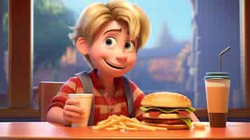 Gratis foto medium shot cartoonish jongen met hamburger