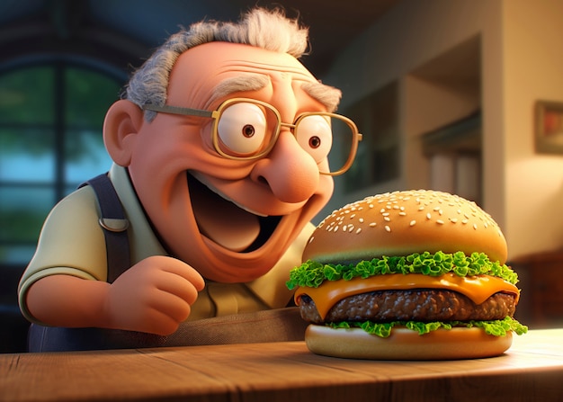 Gratis foto medium shot cartoonish oude man met hamburger