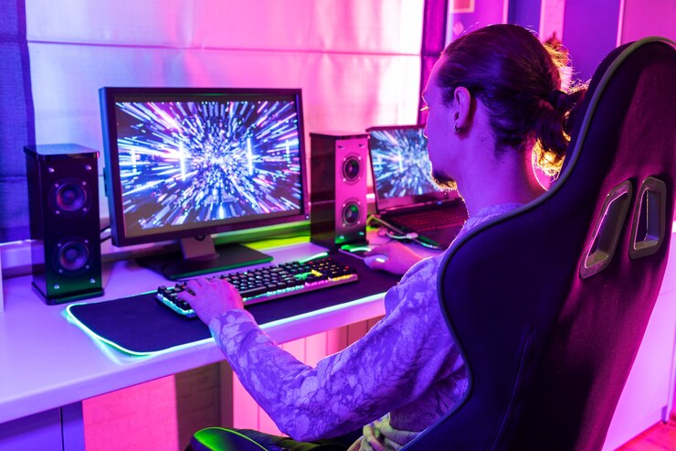 Gratis Foto medium shot gamer die binnen speelt