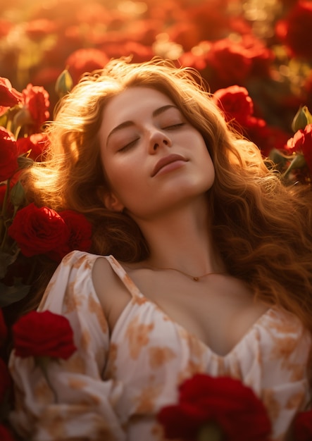 Medium shot jonge vrouw poseert met rozen