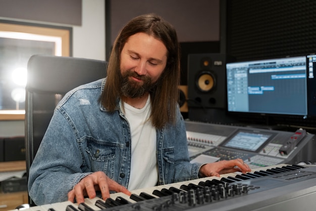 Gratis foto medium shot man die piano speelt in de studio