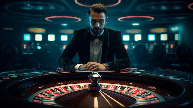 Medium shot man in een futuristisch casino.