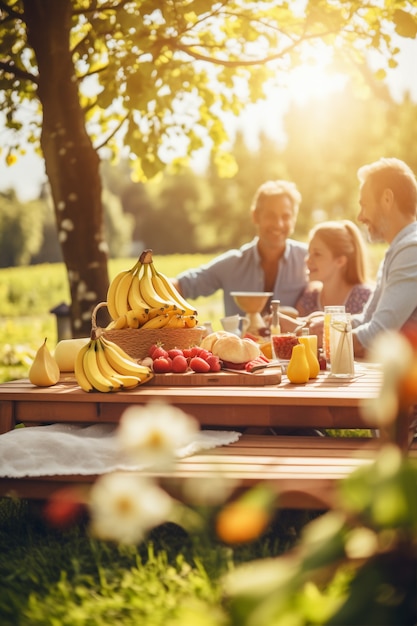 Medium shot mensen die buiten aan tafel zitten