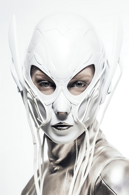Medium shot model poseren met futuristisch masker