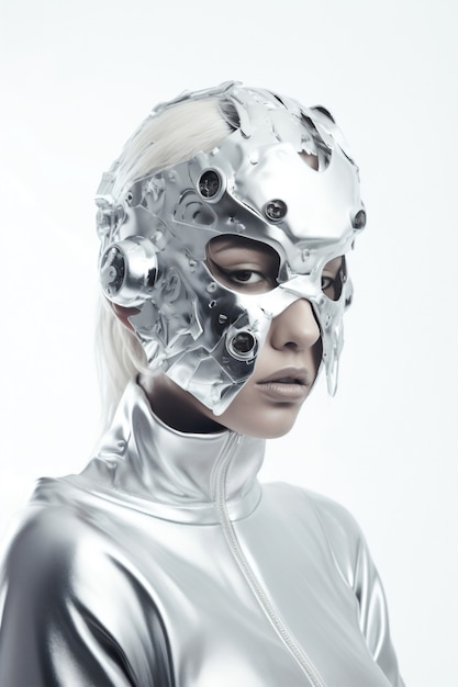 Medium shot model poseren met futuristisch masker