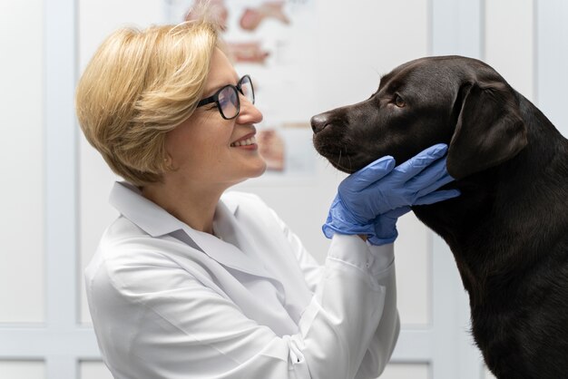 Medium shot smiley-dokter die handschoenen draagt