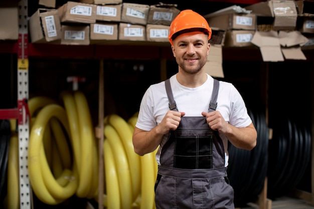 Medium shot smiley man in logistiek magazijn