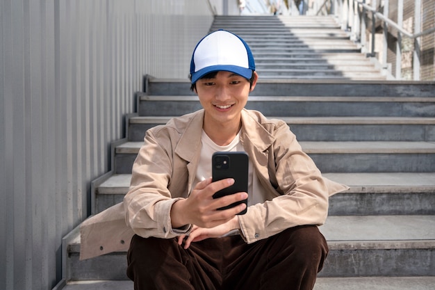 Medium shot smiley man met smartphone