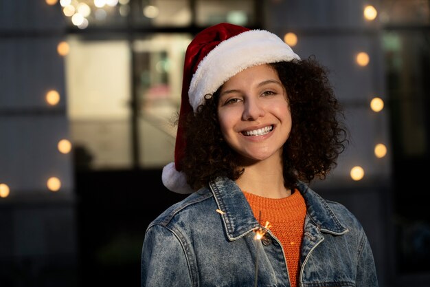 Medium shot smiley vrouw met kerstmuts
