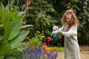 Gratis foto medium shot smileyvrouw die bloemen water geeft