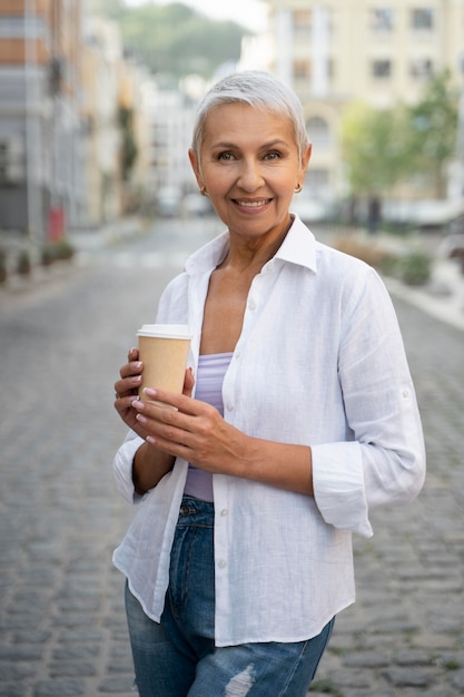 Medium shot vrouw met koffiekopje